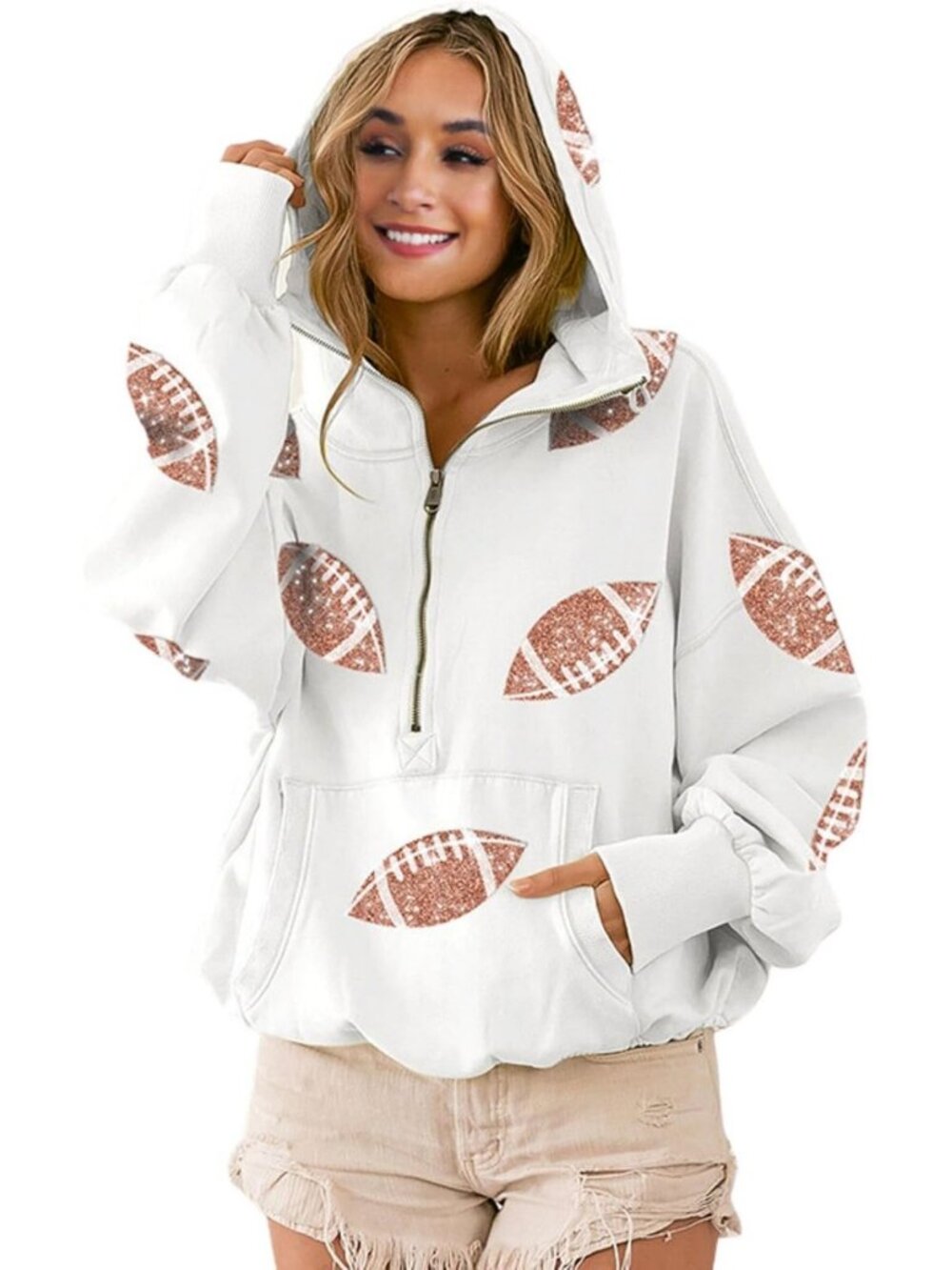 Sequin Hoodie for Women | Half Zip Long Sleeve Sweatshirt with Rugby Patches